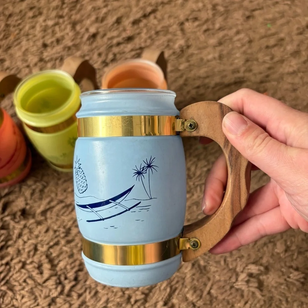 Siesta Ware Mugs Frosted Wood Handles Tiki Bar Mid Century Tropical Set Bundle